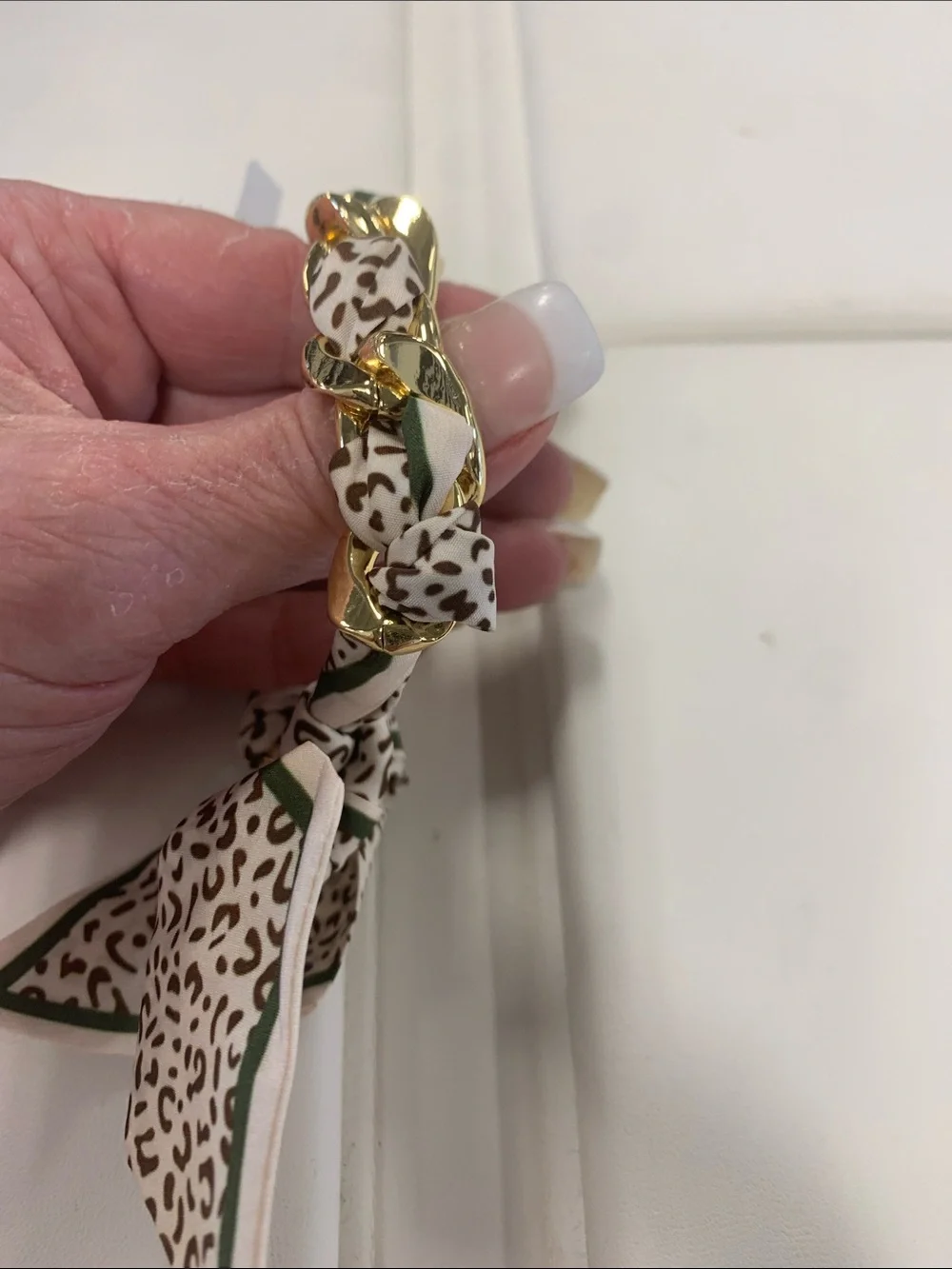 Piper K Gold Chain Scarf Bracelet Cheetah White, Brown and Green Trim